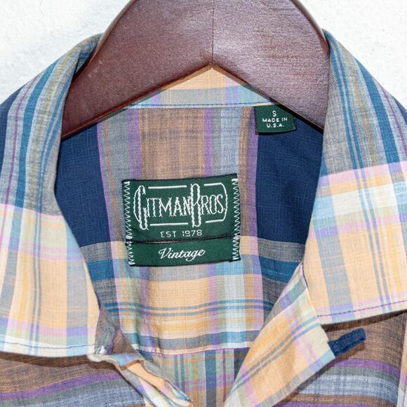 GITMAN BROS. Vintage Men's Small Short Sleeve Shirt Blue Plaid Button up - Picture 2 of 6